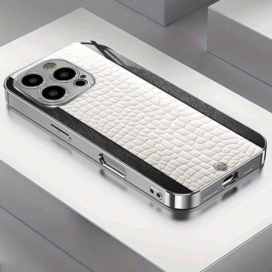 Advanced Black And White Leather Textured Silver Plated Phone Case (Suitable For IPhone 11,12,13,14,15,16 Plus Pro Promax Galaxy S25 24 23 22 21 S20FE PLUS ULTRA A05 A06 A14 A15 A16 A24 A25 A26 A34 A35 A36 A54 A55 A56) Brand New Fashionable, Minimalist Design, Cute Couple Protective Case - 銀色 - 查看 1