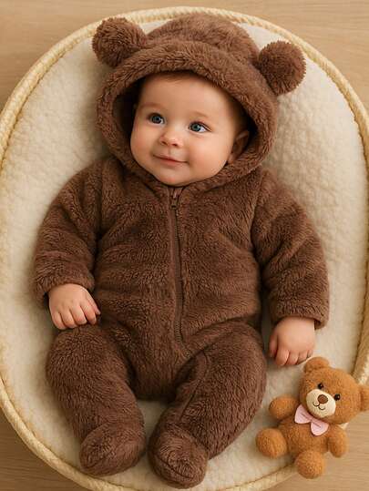 H HIBOBI Plush Warm 3D Bear Ear Hooded Jumpsuit With Hand And Foot Cover, Gender Neutral, Winter (Detachable Hood Liner)