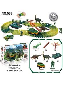 各种可组合军事和恐龙系列玩具套装，包括轨道、士兵、车辆、坦克、恐龙小雕像，适合儿童、生日/复活节礼物（配件颜色随机，建议为 1 辆车准备 2 节 AAA 电池），返校 - 彩色 - 查看 5