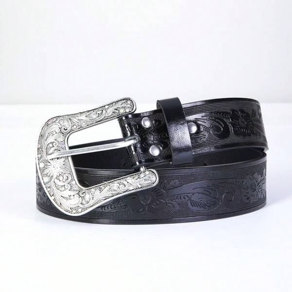 Cintura unisex in stile vintage con fibbia decorativa, in materiale PU, colore nero con motivo goffrato, stile bohémien in PU (poliuretano), adatta per primavera/estate/autunno/inverno, stile vintage old money, look urbano, classico per Natale e inverno, moda quotidiana, regalo per il fidanzato