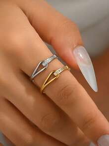 1 件不锈钢独特几何方晶锆石镶嵌戒指，空心水滴百搭爪镶时尚指节戒指，适合女士 - 金黃色 - 查看 4