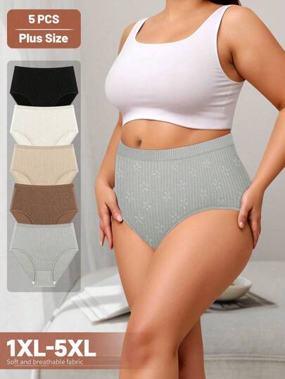 5pcs/Pack Women Plus Size High Waist Panties, Jacquard Design, Elegant, Soft, Breathable