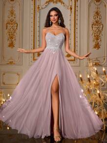 VIPGIRL 薰衣草色吊带高开衩亮片薄纱礼服，串珠晚礼服，多层公主风舞会礼服，优雅紫色舞会礼服