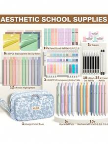 62PCS Large Capacity Pencil Pouch Stationery Pen Bag With Pastel Highlighters Black Ink Gel Pens Mechanical Pencils Set 0.5mm, 0.7mm & 2.0mm, Aesthetic School Supplies For Back To School Student & College Essentials Gifts - Blue Floral - 查看 2