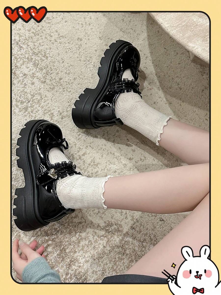 女士厚底厚底乐福鞋/玛丽珍鞋，黑色搭扣蝴蝶结皮鞋，2025春季新款复古英伦风厚底哥特/低跟鞋 - 黑色 - 查看 1