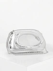 复古金属盒形晚装手拿包、正式派对手提包、鸡尾酒钱包、舞会包、金色婚礼新娘单肩斜挎链条包、时尚女士包 - 銀色 - 查看 7