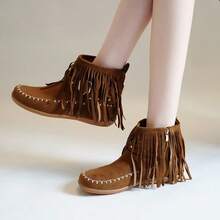 Fashionable Tassel Women's Ankle Boots, Tassel Decoration, Side Zipper, Versatile And Comfortable, Suitable For All Seasons, Suitable For Casual Or Formal Occasions - 棕色 - 查看 4