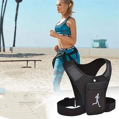 Lightweight Running Vest With Phone And Key Pocket - Adjustable Waistband With Reflective Strip At The Back, Suitable For Hiking And Training - Black