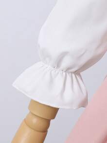 Girls' Lace Patchwork Turndown Collar Shirt With Suspender Skirt, Suitable For Spring And Autumn