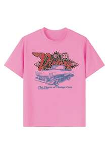 1pc Tween Girl Casual Leopard Print & Retro Car Color Graphic Round Neck Short Sleeve T-Shirt, Summer Student Young - Brings Joy & Happiness To Every Child! - 玫紅色 - 查看 3