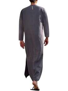 Bata de hombre de cuello en V de manga corta con abertura lateral, túnica larga de algodón Kaftan, S-3XL - Gris púrpura #1 - Ver 3
