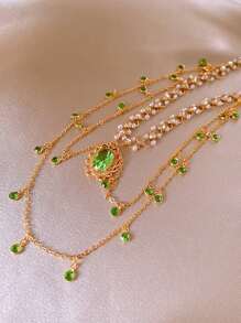 1 stuk elegante groene/rode hangerketting in Boheemse stijl voor vrouwen, ovale hangerketting met imitatieparels, sprankelend ontwerp, geschikt voor feestjes, casual outfits en cadeaus