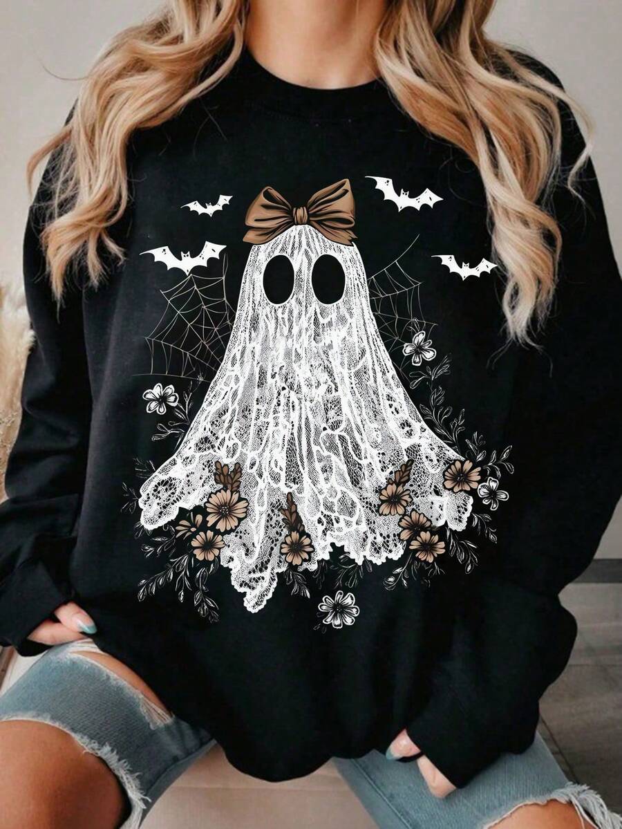 Cute Lace Ghost Halloween "Boo" Lace Bow Graphic Long Sleeve Crew Neck High Quality Fleece Sweatshirt, Casual Nightmare Before Christmas Fall Clothes For Women - Black - View 1