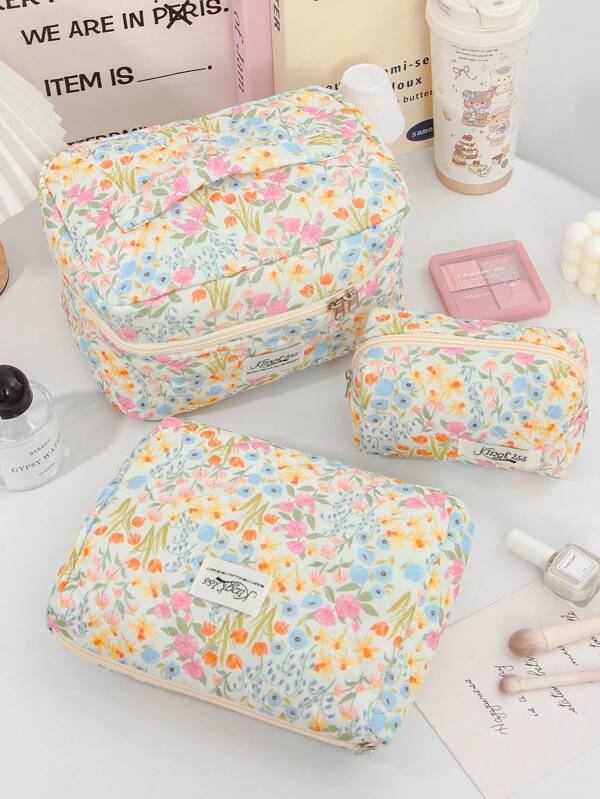 1 Peça Bolsa de Maquiagem para Viagem de Grande Capacidade, Bolsa de Cosméticos Acolchoada com Estampa Floral, Organizador de Cosméticos, Bolsa de Armazenamento de Pincéis de Maquiagem e Cuidados com a Pele, com Alça, Bolsa de Maquiagem Grande Portátil para Banho e Chuveiro, Organizador de Maquiagem com Laço Acolchoado, Bolsa de Cosméticos Fofa para Armazenamento de Cuidados com a Pele para Mulheres e Meninas, Estética Floral, Bolsa de Toucador para Viagem, Organizador de Maquiagem Rosa com Laço, Estojo de Lápis, Carteira para Presente de Natal, Flores