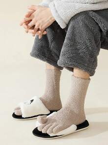 1双男士毛绒分趾袜，女士柔软毛绒分趾袜，冬季保暖室内拖鞋袜