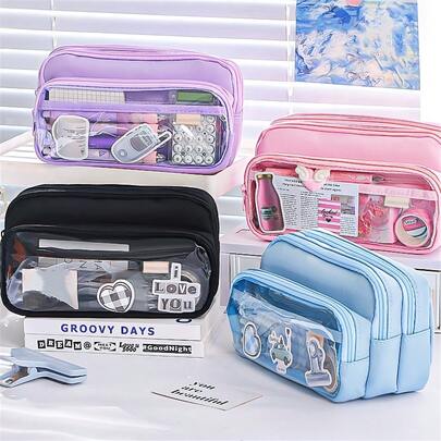 Large Light Blue Pencil Case - Spacious Multi-Compartment Organizer For Stationery, Makeup, And Accessories With Cute Sticker Designs, Perfect For School, Office, Teens, Girls, And Boys, Office Supplies Storage | Cute Sticker Decorations | Polyester Pencil Case