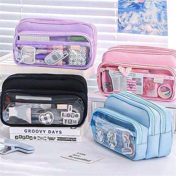 Large Light Blue Pencil Case - Spacious Multi-Compartment Organizer For Stationery, Makeup, And Accessories With Cute Sticker Designs, Perfect For School, Office, Teens, Girls, And Boys, Office Supplies Storage | Cute Sticker Decorations | Polyester Pencil Case