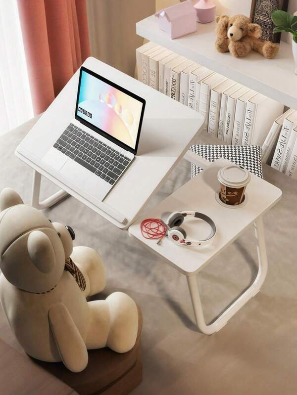 1 peça de mesa dobrável para laptop branca com porta-copos - Mesa de bandeja de cama portátil, ângulo ajustável de 5 níveis (inclinação), madeira maciça - Mesa que economiza espaço para escritório em casa, dormitório, cama, sofá - Perfeita para trabalhar, estudar, jantar - Mesa leve para laptop, suporte de mesa para laptop, espaço de trabalho no quarto, design estético moderno, construção durável.