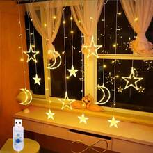 星月造型装饰串灯，电池供电，适用于派对、婚礼、生日等场合，可用作窗帘灯、卧室星月灯、学生公寓装饰、室内外装饰，闪耀的婚礼花园和房间装饰