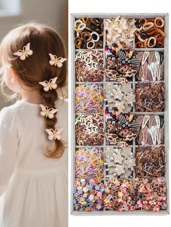 870pcs/Set Baby Girls' Basic Princess Hair Accessories Set, Including Elastic Hair Bands, Star/Butterfly Hair Clips, Pearl Flower Hair Clips, Barrettes, Suitable For Daily Use And Gift