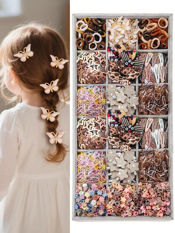 870pcs/Set Baby Girls' Basic Princess Hair Accessories Set, Including Elastic Hair Bands, Star/Butterfly Hair Clips, Pearl Flower Hair Clips, Barrettes, Suitable For Daily Use And Gift