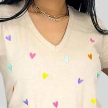 SILK ROUTE Women's T-Shirt Blouse Basic V-Neck Cotton Heart Print T-Shirt In Various Colors - Nude - 查看 3