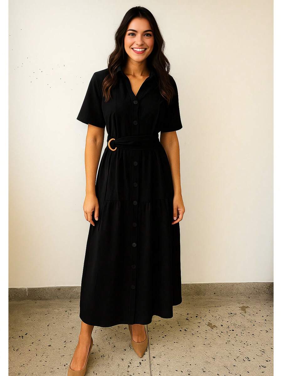 Linen Midi Dress With Lining, Buttons And Structured Collar - 黑色 - 查看 1