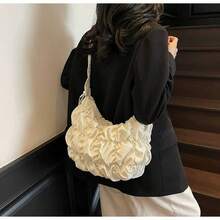 Korean Pleated Beach Cloud Tote Bag, Women's 2025 New Drawstring Shoulder Bag, Large Capacity Nylon Cloth Crossbody Shoulder Bag, Shoulder Bag, Women's Bag, Shoulder Bag - 米色 - 查看 3