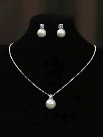 Conjunto de collar y aretes falso de perlas simples y elegantes de 3 piezas, adecuado para mujeres para usar en varias ocasiones como bodas, vestidos de dama de honor y accesorios de vestir de novia