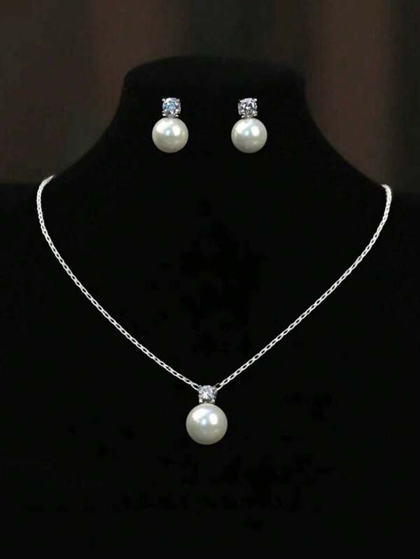 3pcs/Set Simple & Elegant Faux Pearl Necklace Earring Set, Suitable For Women To Wear On Various Occasions Such As Wedding, Bridesmaid Dress And Bridal Wear Accessories