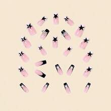 24PCS Black Star Press-On Nails With Rhinestone Accents, French Tip Full Cover Fake Nails For Party & Daily Wear, Stylish Pink & Black Design Square Nails With 4-Piece Manicure Tool Kit Included - Nhiều màu - Xem 3