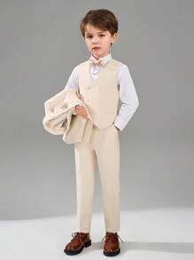 4-Piece Young Boy Formal Suit Boys Suit Elegant Beige Suit Vest Trousers With Bowknot Suitable For Weddings And Various Formal Occasions All Seasons
