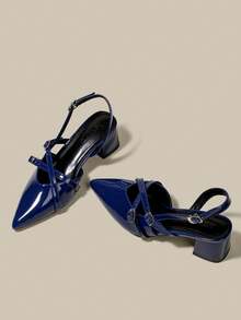 Women's Navy Blue Patent Leather Pointed Toe Single Strap Chunky Heel Pumps, Elegant Pointed Toe Formal High Heels, Fashionable Slingback High Heel Shoes - Royal Blue - View 4