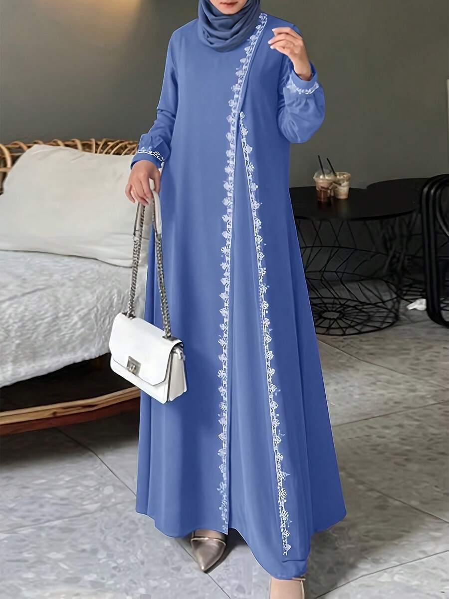 Áo Abaya tay dài cổ tròn viền ren hoa trang nhã dành cho nữ, thích hợp cho dịp Eid và mùa xuân. - Màu xanh lam - Xem 1