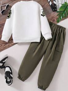 Tween Boys Letter Graphic Print Crew Neck Long Sleeve Top And Solid Color Pants Set - White - View 2