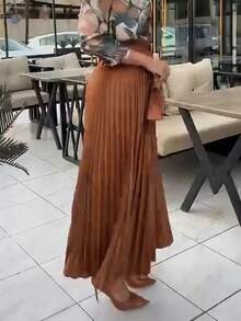 ZIAI Vestido de oficina plisado de cintura alta para mujer, vestido elegante de longitud media (sin cinturón)