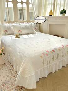 3pcs Floral Embroidery Bedding Set, Quilted Blanket And Pillowcase, Air Conditioning Quilt Blanket