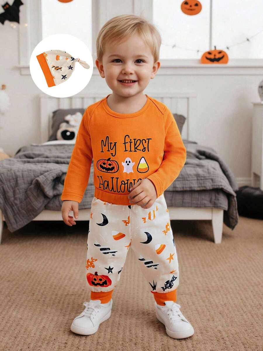 My First Halloween Baby Boy Outfit Letter Embroidery Long Sleeve Romper Pumpkin Pants And Hat 3Pcs Fall Clothes - Orange - View 1