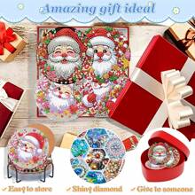 8pcs Christmas Santa Claus 5D Diamond Painting Coaster Set, Exercising Hands-On Ability, Green & Colorful, Suitable For Beginners, Acrylic Diamond Stickers On Cork Coaster Base, Heat Insulation Coasters For Dining Table, Comes With Tools And Iron Stand