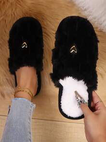 Women's Autumn/Winter Indoor Slippers, Fashionable Minimalist Heart Decor, Lightweight Soft Sole Floor Slippers, Thermal Lined & Thickened - Black - View 4