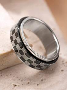 1pc Stainless Steel Rotating Ring With Black & White Plaid Pattern, Stress Relief Fidget Toy, Suitable For Men And Women, Ideal For Valentine's Day Gift