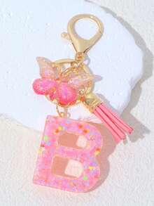 1pc A-Z Letter Butterfly Children's Bag Charm, Bag Accessory, Butterfly Tassel Letter Pendant Keychain, Pink Glitter Letter Keychain With Butterfly Tassel, Girls Bag Charm, Party Gift - Pink - View 7
