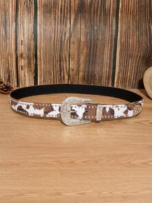 1 pieza Cinturón de estilo occidental para hombres con estampado de vaca marrón desgastado y remaches, accesorio versátil para verano, otoño, Halloween, otoño-invierno, adecuado para adolescentes, jóvenes, hombres, uso casual, al aire libre, deportivo, vacaciones, regalos de graduación, cumpleaños, uso diario - Remaches con estampado de vaca marrón - Ver 3