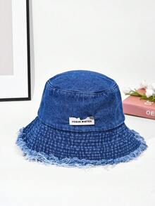1pc Unisex Fashion Tassel Trim Denim Bucket Hat
