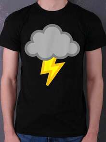 1pc Cloudy Weather Lightning Bolt, Soft Fabric Shirt, Ultra- Soft Interior Feel, Big And Tall Men, Easy To Wear When You Are Out Running Errands Or Doing Quick Tasks,Personalized  Graphic T-Shirt ,Black Casual Short Sleeves, 100% Cotton, Men's T-Shirt,,Funny Graphic T Shirts,S-XXXL,Fall Clothes,Halloween Clothes - Đen-3 - Xem 2