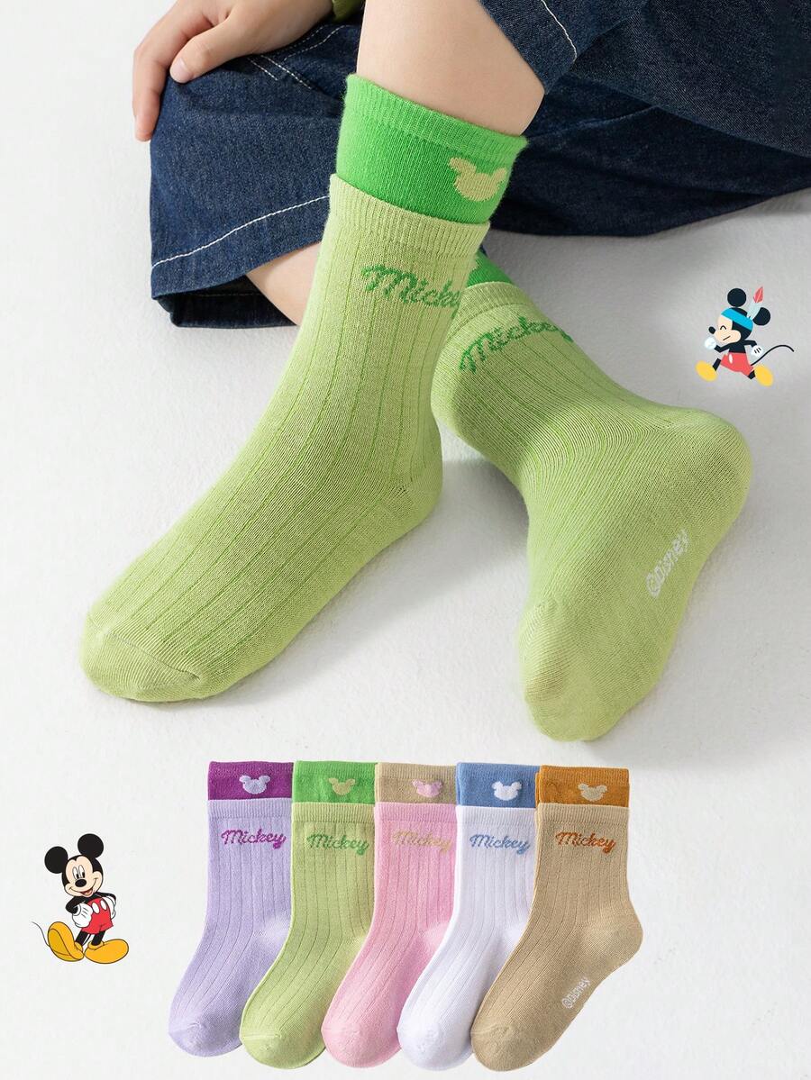 5 Pairs Disney Kids Socks, Mickey And Minnie Cartoon Pattern Children Mid-Calf Socks, Cute Boys Socks, Unique Disney Cartoon Design, Fashionable Casual, Comfortable Breathable, Also Suitable For Girls And Students Daily Wear. Must-Have For Disney Fans, Back To School Gift, Holiday Gift. - Multicolor - View 1