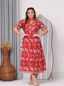 Women's Midi Dress With Embroidered Laise, All-Over Print, Embroidery, Button, Ruffle, Gathered, Formal And Evening - 3d Bicolor Wine - View 2
