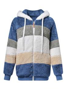 Fluffy New Colorblock Hooded Jacket For Women, Loose Fit, Autumn/Winter - Blue - View 7