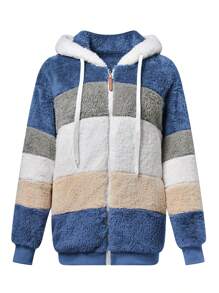Fluffy New Colorblock Hooded Jacket For Women, Loose Fit, Autumn/Winter