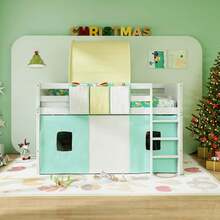 Lifezeal Twin Loft Bed With Tower & Tent 3 Storage Pockets Guardrail And Ladder - Turquoise - View 1